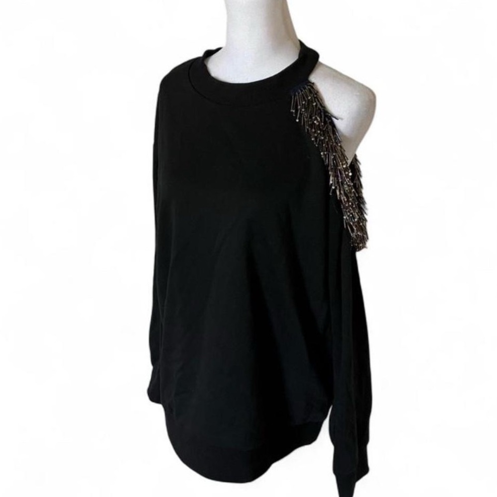 Stellah Black Beaded Cutout Shoulder Crew Neck Sweater size Large - Picture 3 of 10